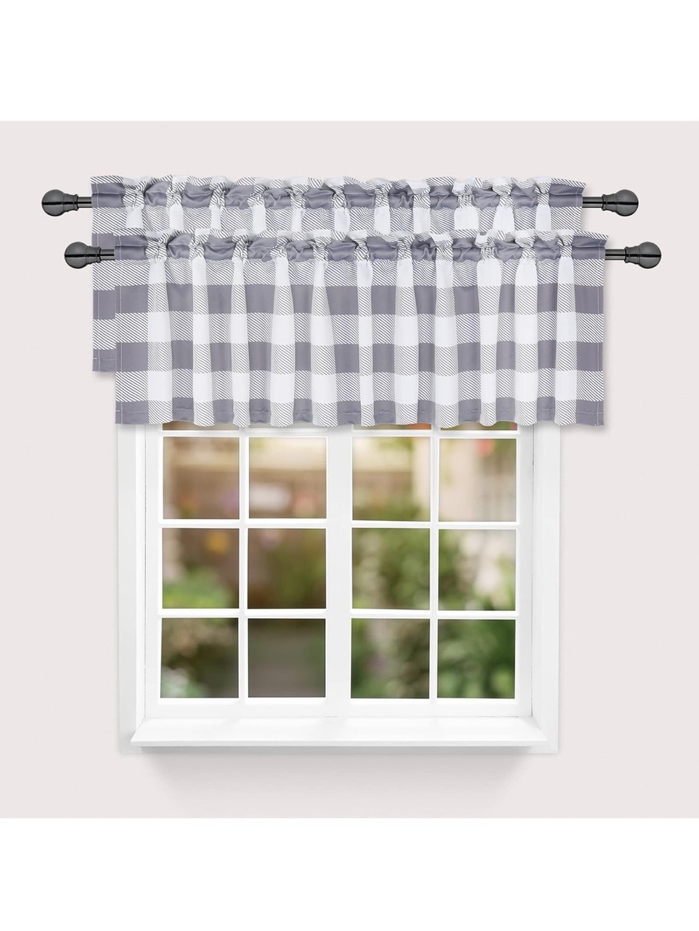 🩶 Gray Buffalo Check Kitchen Valance (2) NEW
